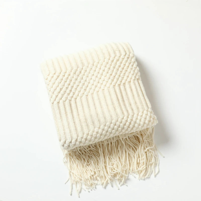 Plaid tricoté à franges crème